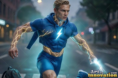 Running along a paved city street, a yellow-haired man clad in a blue superhero suit channels bright lightning