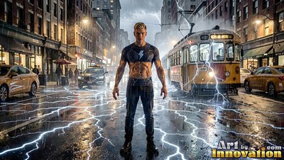 A lightning bolt on his dark shirt, a man stands on a wet city street beside a streetcar