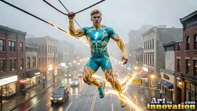 Dangling by one hand from overhead wires, a man in teal hovers over a wet street