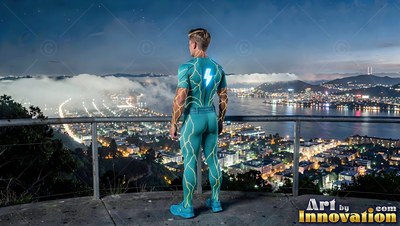 A man in a teal lightning suit stands looking out over a city at night