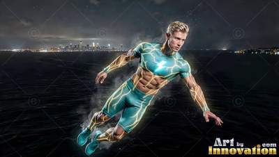 Above dark water, a young blond-haired man flies in a teal suit lined with yellow lightning streaks
