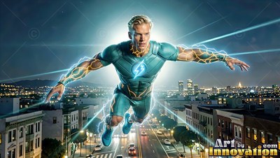 In a teal suit with a lightning crest, a man flies over a paved city street at dusk
