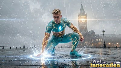 A superhero man kneels in the rain, pressing his hand to a ring of bright blue light