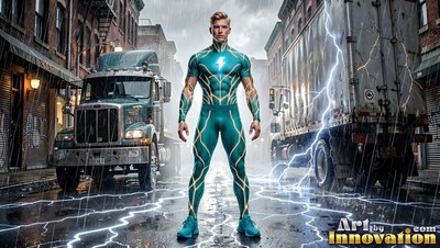 Standing straight on a rainy street in the city, a blond man in a teal suit crackles with lightning