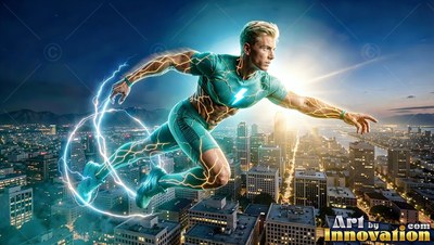 A man in a green suit leaps over a sunny city with electric bolts on his skin