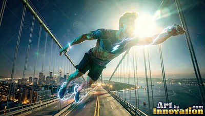 Above a long bridge, a man in dark shorts flies forward with bright lightning on his arms