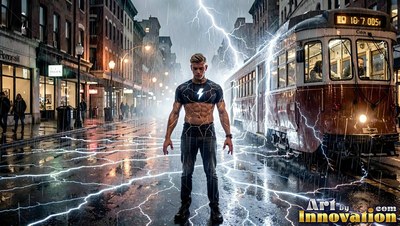 Standing on a wet street, a man unleashes white lightning beside a red streetcar