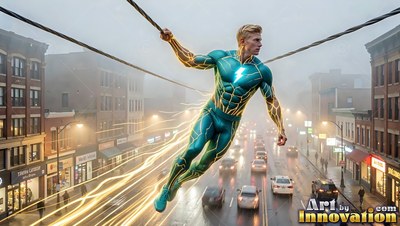A teal bodysuit covers a flying light-haired man holding overhead wires above a foggy street