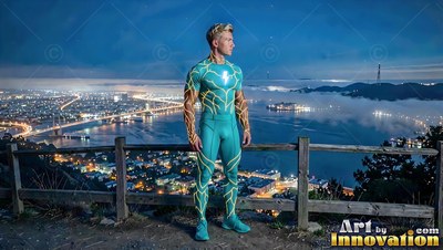 A man stands by a wooden railing above a city, his teal suit lit with bright yellow lines