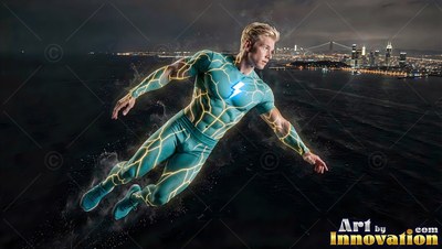 Flying forward in a green suit, a blond man soars above a dark bay at night