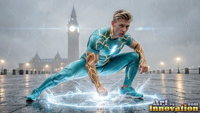 A blond man in a teal suit punches the wet plaza ground with electric sparks