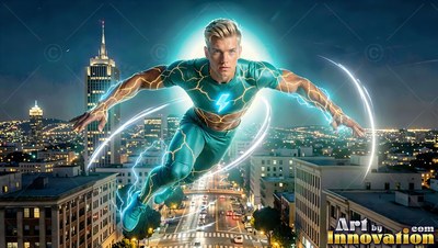 Flying over a night city, a blond-haired man wears a teal suit laced with lightning