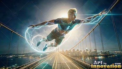 Man flying over a suspension bridge with blue electric arcs trails around him