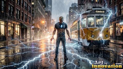 In a black lightning-bolt shirt, a man stands on a rainy paved city street beside a trolley with electric sparks around him