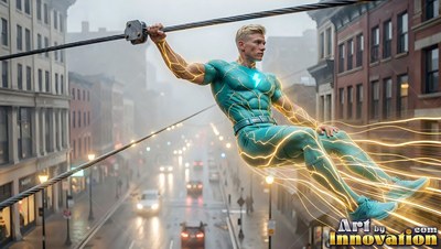Hanging from an overhead cable above a downtown street, a man in a green suit sparks with yellow light