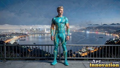 A blond man in a teal superhero suit stands at a railing above the bay city lights
