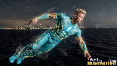 Above the dark bay, a light-haired man in a teal suit flies past city lights