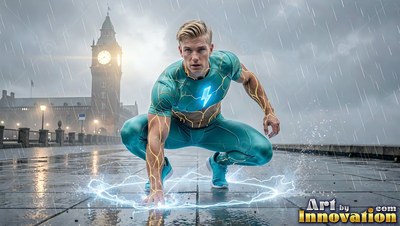 Crouching on a rainy downtown street, a fair-haired man in a teal suit touches the wet ground