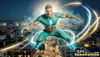 A blond man in a teal suit with a lightning bolt hovers over a city street at night