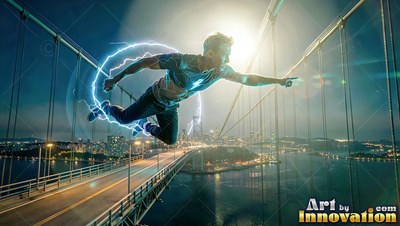 A man flies over a suspension bridge at night, surrounded by bright blue lightning