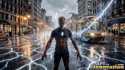 Facing forward on a wet city street, a man channels white lightning
