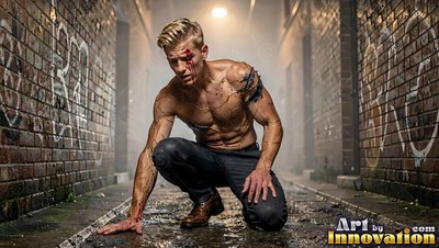A shirtless light-haired man in dark pants crouches low in a wet brick alley