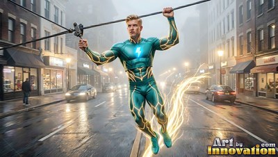 Over a wet downtown street, a man in a green suit hangs from an overhead wire
