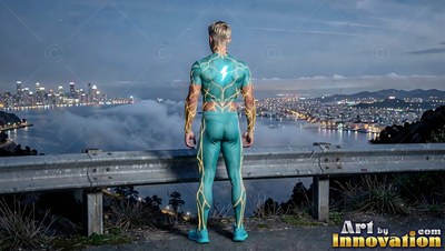 Standing at a guardrail, a man in a teal suit looks out over a foggy bay city at night