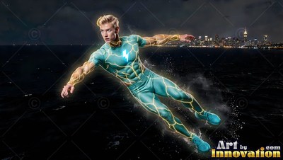 A man in a green suit flies above dark water near city lights
