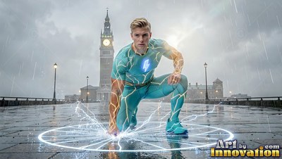 In a teal lightning suit, a kneeling man touches the wet pavement before a clock tower