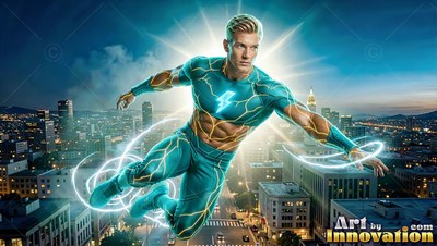 Floating over city streets, a man in a teal suit extends his arms