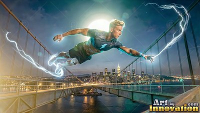 A man flies above a suspension bridge at night with white electricity around his hands