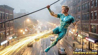 A yellow-haired man in a teal suit slides down a wire over an urban street