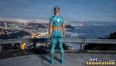 Wearing a blue costume with lightning patterns, a man overlooks a city at dusk