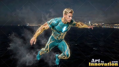 A man leaps over dark water in a teal suit lined with bright yellow lightning streaks