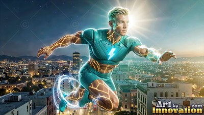 Over a city at dusk, a blond man in a teal suit leaps forward with bright sparks