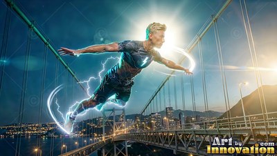 Flying through bright sky, a blond man glides over a bridge with white arcs of electricity