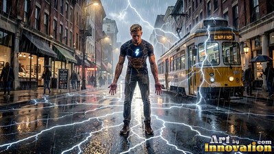 A man stands in the rainy street near a tram as lightning crackles around him