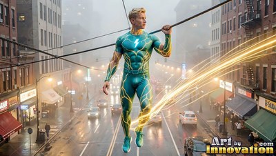 A man in a green suit hangs from a wire above a street, trailing bright yellow streaks of light