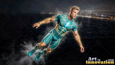 A blond man in a teal suit flies over the bay waters at night