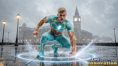 On a rainy plaza, a blond man in a teal suit crouches with lightning around his feet