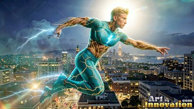 Yellow-haired man in a teal suit leaping above a city at night