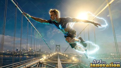 Wearing a blue athletic shirt, a young adult man leaps with electric sparks above a bridge at dusk