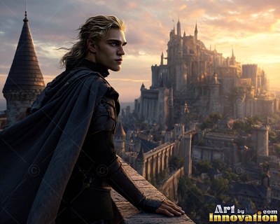 Above a sprawling castle city, a man with blond hair in a dark cloak looks out at dawn