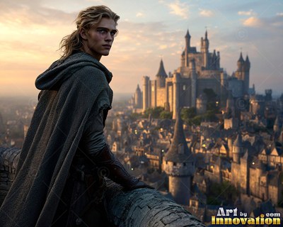 Looking over a city wall, a blond young man in a gray cloak gazes back at a castle