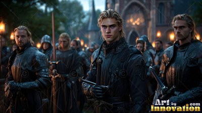 A young fair-haired man in black armor grasps a sword before his men
