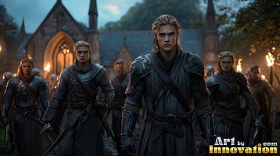 Dark leather armor wraps a young man with blond hair leading other men outside a stone church at night