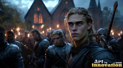 A young fair-haired man in dark armor stands before a crowd of soldiers lit by orange torchlight