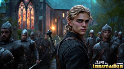 Looking back over his shoulder, a blond man stands before a church with soldiers