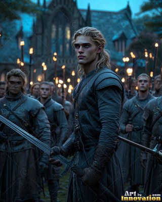 A blond young man has a sword in hand in front of an army of men at dusk